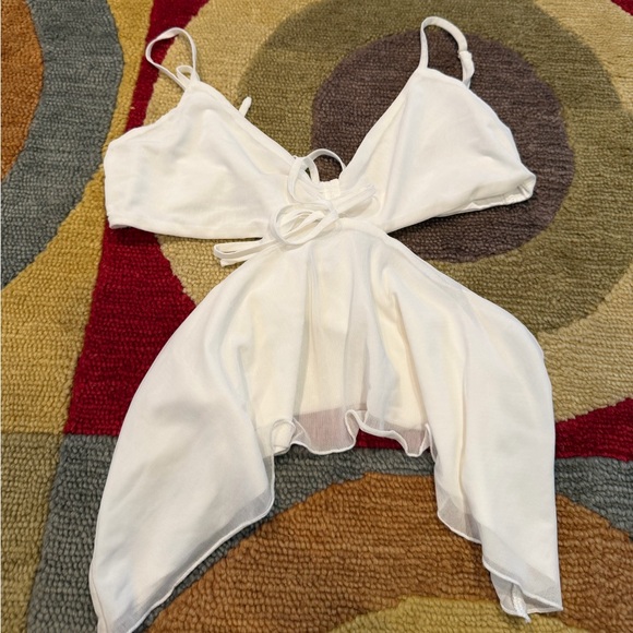 Tiger Mist Tops - Tiger Mist White Cutout Spaghetti Strap Tank Top Ruched Tie Mesh Size Large